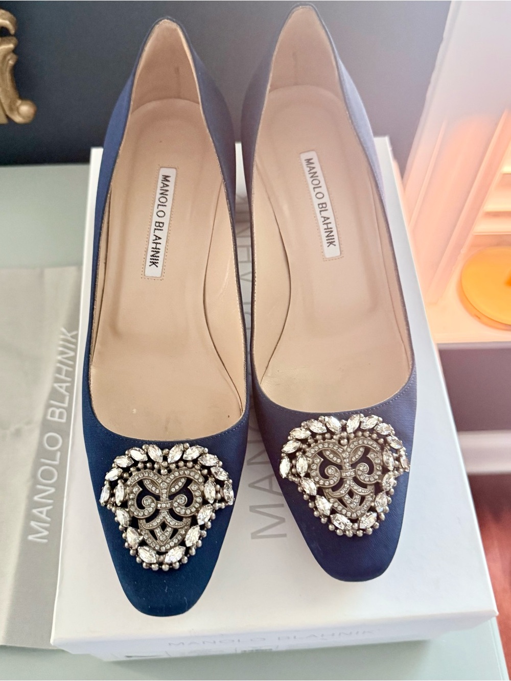 Manolo Blahnik Navy Satin Jeweled Pumps